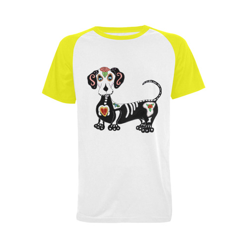 Dachshund Sugar Skull Yellow Men's Raglan T-shirt (USA Size) (Model T11)
