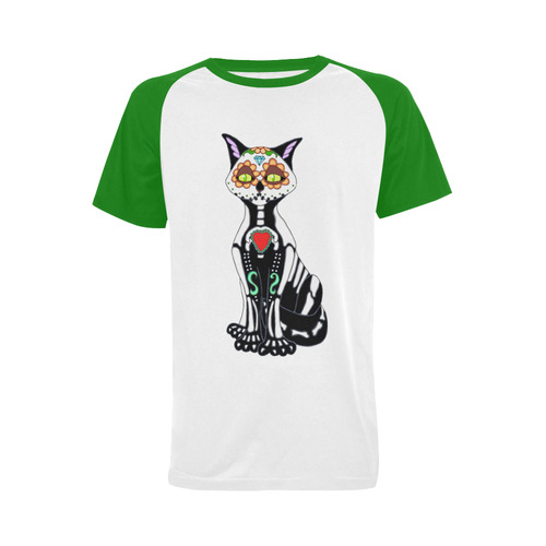 Sugar Skull Cat Green Men's Raglan T-shirt (USA Size) (Model T11)