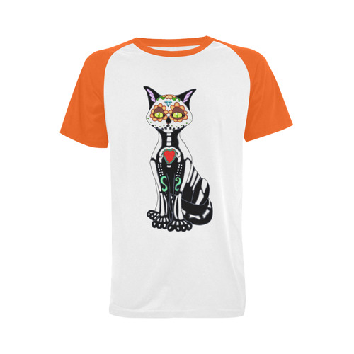 Sugar Skull Cat Orange Men's Raglan T-shirt Big Size (USA Size) (Model T11)