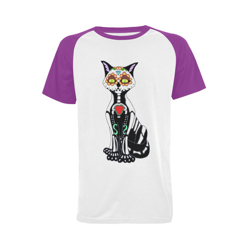 Sugar Skull Cat Purple Men's Raglan T-shirt Big Size (USA Size) (Model T11)