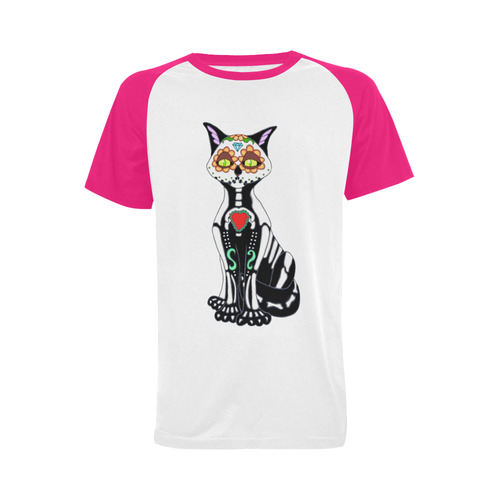 Sugar Skull Cat Hot Pink Men's Raglan T-shirt (USA Size) (Model T11)