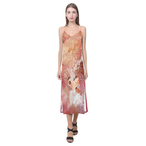 Hearts with flowers soft colors V-Neck Open Fork Long Dress(Model D18)