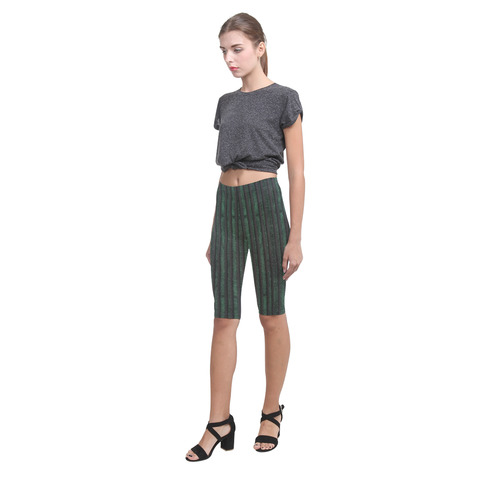 Trendy dark green leather look lines Hestia Cropped Leggings (Model L03)