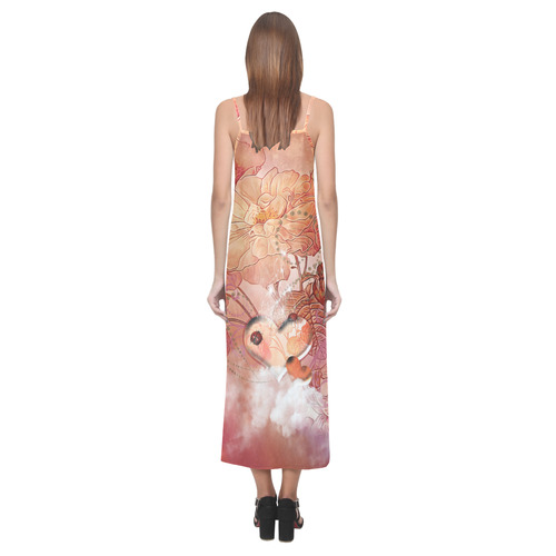 Hearts with flowers soft colors V-Neck Open Fork Long Dress(Model D18)