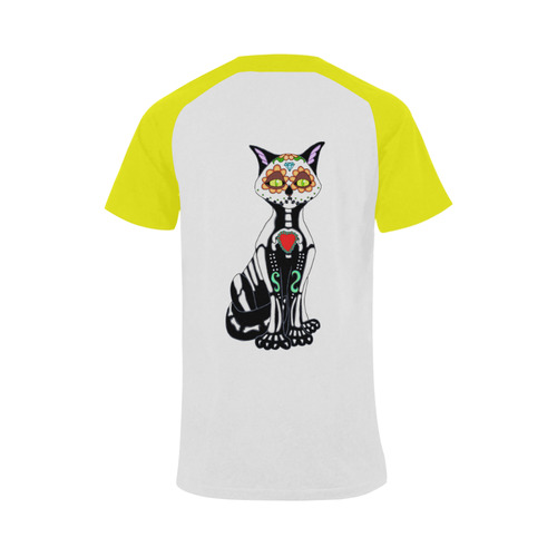 Sugar Skull Cat Yellow Men's Raglan T-shirt Big Size (USA Size) (Model T11)