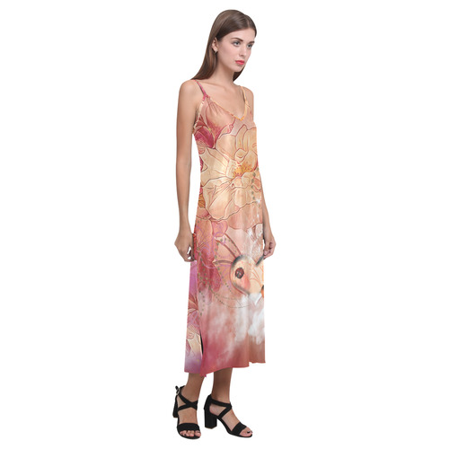 Hearts with flowers soft colors V-Neck Open Fork Long Dress(Model D18)