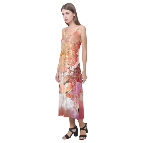 Hearts with flowers soft colors V-Neck Open Fork Long Dress(Model D18)