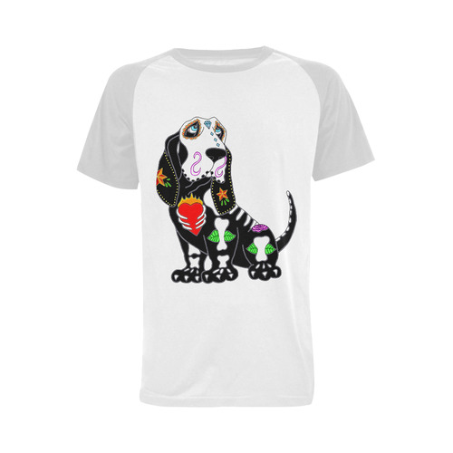 Basset Hound Sugar Skull Grey Men's Raglan T-shirt (USA Size) (Model T11)