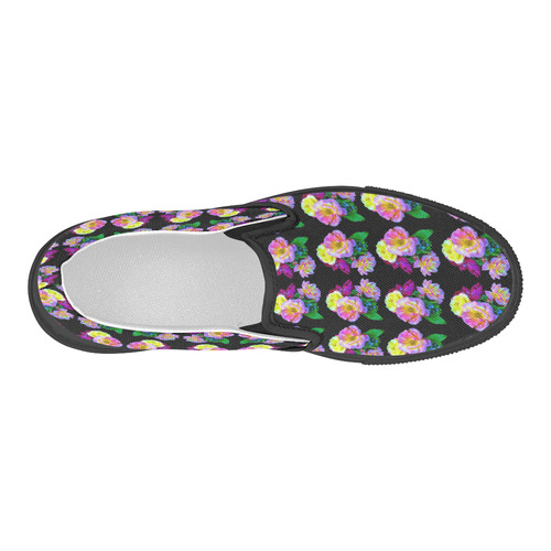 Rosa Yellow Roses on Black Pattern Women's Slip-on Canvas Shoes (Model 019)