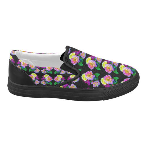 Rosa Yellow Roses on Black Pattern Women's Slip-on Canvas Shoes (Model 019)