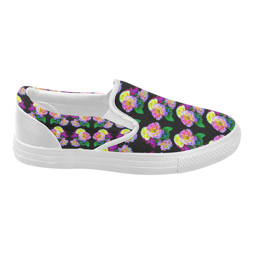 Rosa Yellow Roses on Black Pattern Women's Slip-on Canvas Shoes (Model 019)