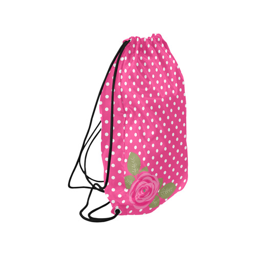 White Pink Polka Dots Pink Rose Floral Pattern Small Drawstring Bag Model 1604 (Twin Sides) 11"(W) * 17.7"(H)