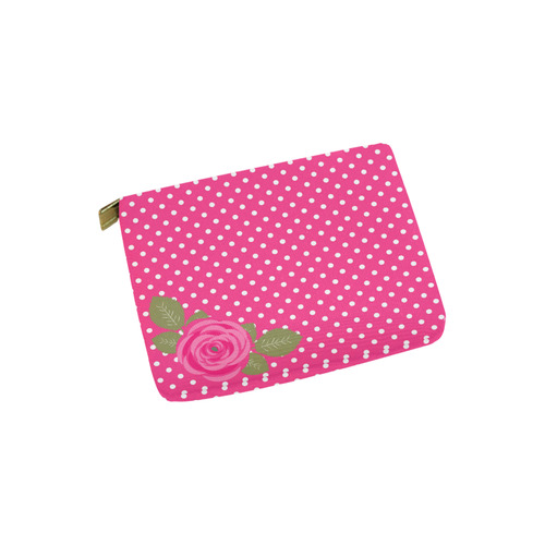White Pink Polka Dots Pink Rose Floral Pattern Carry-All Pouch 6''x5''
