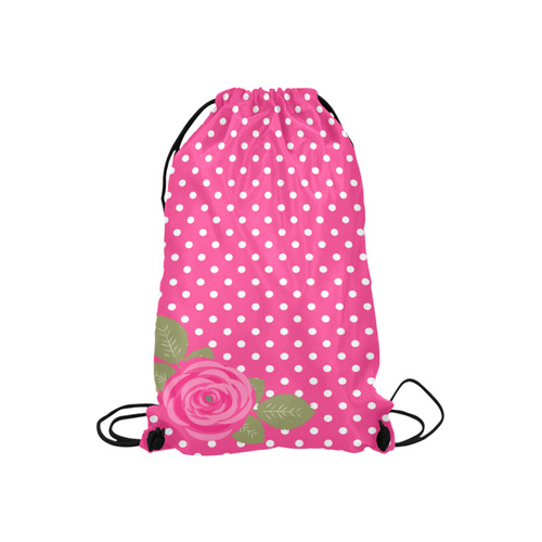 White Pink Polka Dots Pink Rose Floral Pattern Small Drawstring Bag Model 1604 (Twin Sides) 11"(W) * 17.7"(H)