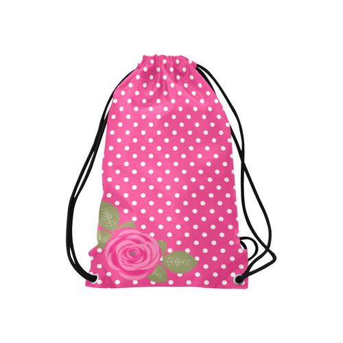 White Pink Polka Dots Pink Rose Floral Pattern Small Drawstring Bag Model 1604 (Twin Sides) 11"(W) * 17.7"(H)