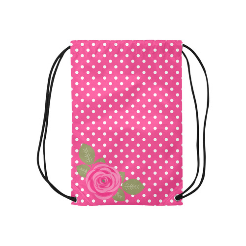 White Pink Polka Dots Pink Rose Floral Pattern Small Drawstring Bag Model 1604 (Twin Sides) 11"(W) * 17.7"(H)