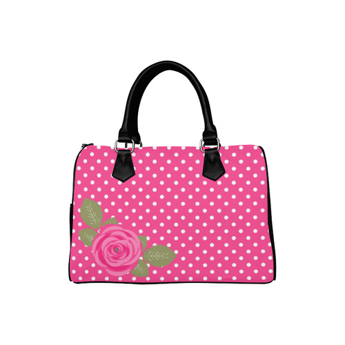 White Pink Polka Dots Pink Rose Floral Pattern Boston Handbag (Model 1621)