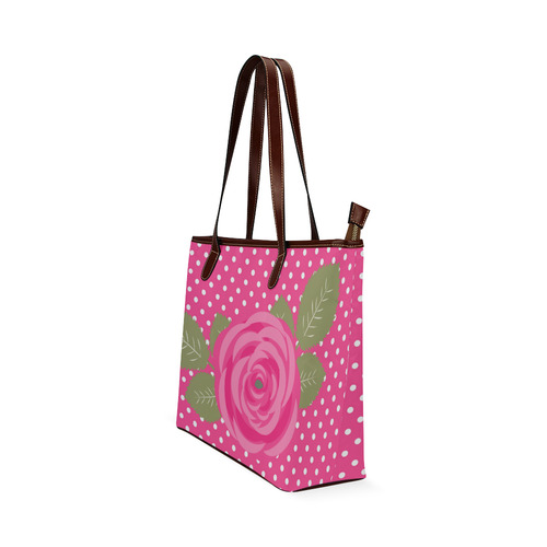 White Pink Polka Dots Pink Rose Floral Pattern Shoulder Tote Bag (Model 1646)