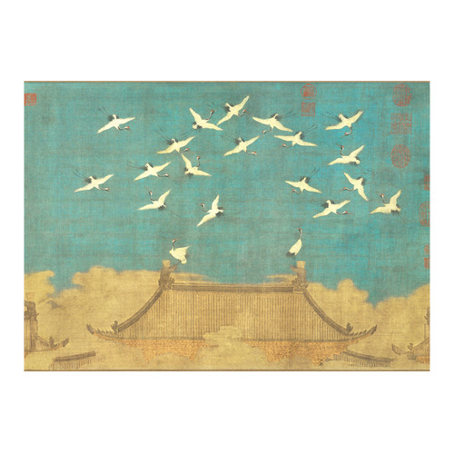 Zhao-Ji Auspicious Cranes Chinese Painting Cotton Linen Tablecloth 60"x 84"
