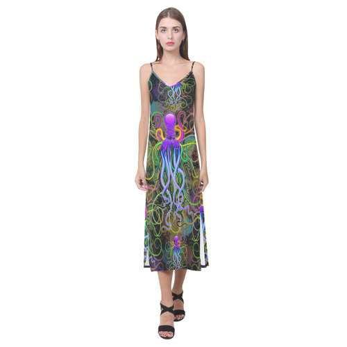 Octopus Psychedelic Luminescence V-Neck Open Fork Long Dress(Model D18)