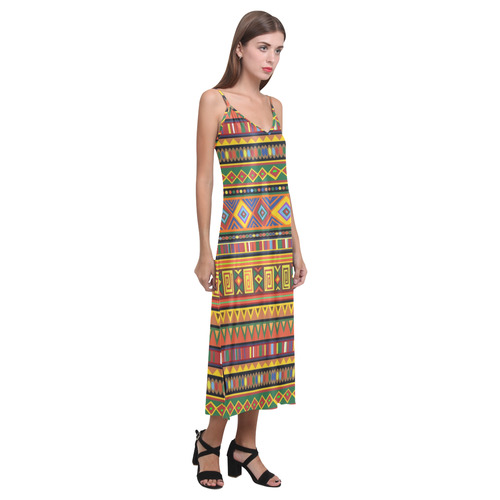 Ethnic Colorful Pattern Africa Art V-Neck Open Fork Long Dress(Model D18)