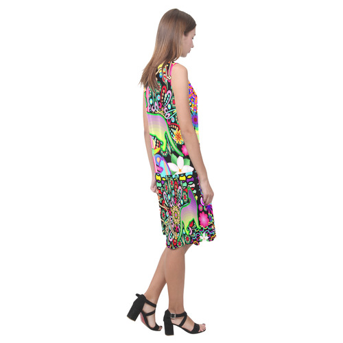 Mandalas, Cats & Flowers Fantasy Pattern Sleeveless Splicing Shift Dress(Model D17)