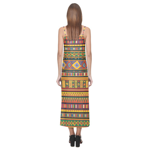Ethnic Colorful Pattern Africa Art V-Neck Open Fork Long Dress(Model D18)
