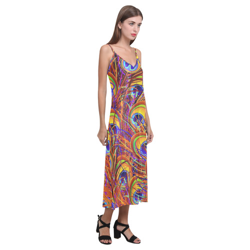 Peacock Feathers Colorful Pattern V-Neck Open Fork Long Dress(Model D18)