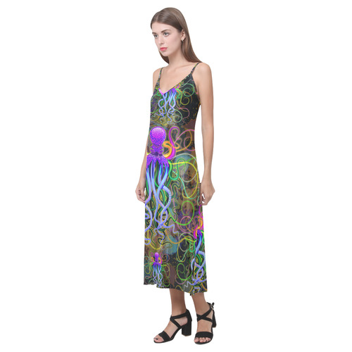 Octopus Psychedelic Luminescence V-Neck Open Fork Long Dress(Model D18)