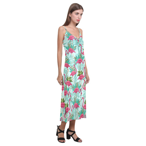 Pink Flamingos Exotic Birds V-Neck Open Fork Long Dress(Model D18)