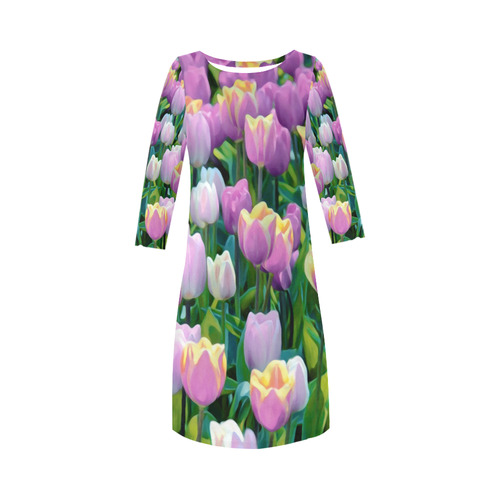 Pink Yellow White Very Beautiful Tulips Round Collar Dress (D22)