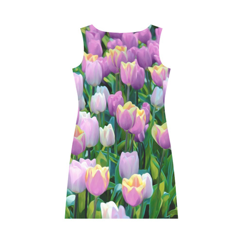 Pink Yellow White Very Beautiful Tulips Round Collar Dress (D22)