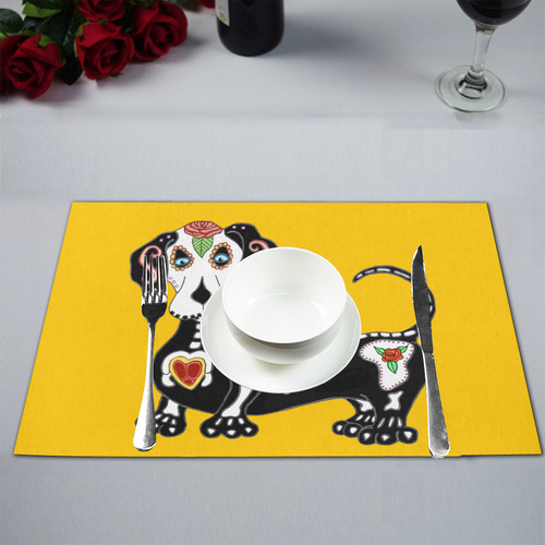 Dachshund Sugar Skull Yellow Placemat 12''x18''