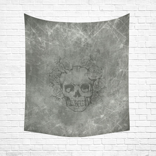 scratchy skull with roses c by JamColors Cotton Linen Wall Tapestry 51"x 60"
