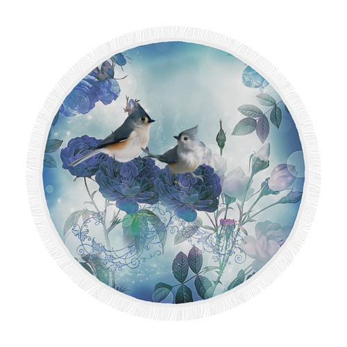 Cute birds with blue flowers Circular Beach Shawl 59"x 59"