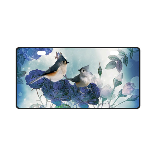 Cute birds with blue flowers License Plate