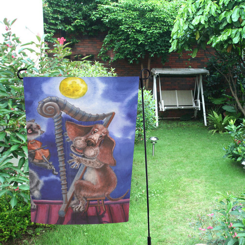 Dog, cat and mice singing under the moon on a roof