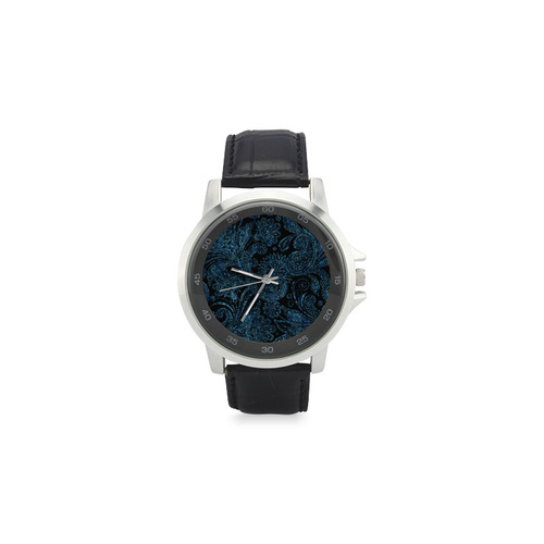 Elegant blue flower glitter look Unisex Stainless Steel Leather Strap Watch(Model 202)