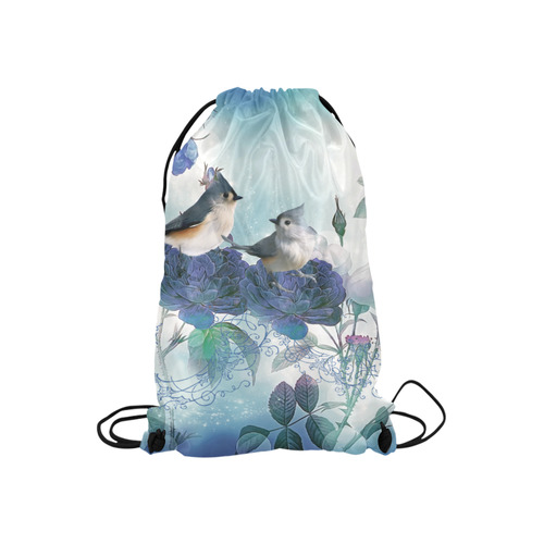 Cute birds with blue flowers Small Drawstring Bag Model 1604 (Twin Sides) 11"(W) * 17.7"(H)