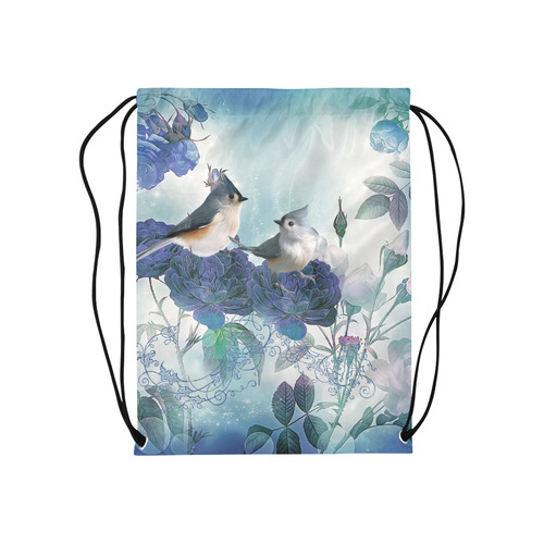 Cute birds with blue flowers Medium Drawstring Bag Model 1604 (Twin Sides) 13.8"(W) * 18.1"(H)