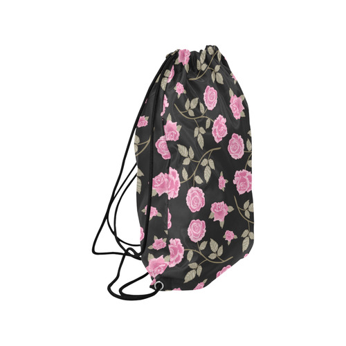 Pink Roses, Flowers on Black, Floral Pattern Medium Drawstring Bag Model 1604 (Twin Sides) 13.8"(W) * 18.1"(H)
