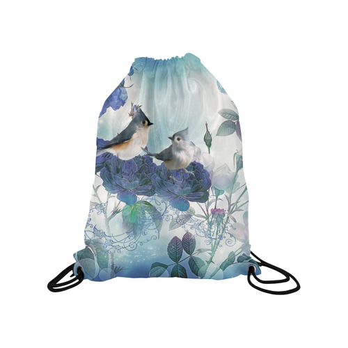 Cute birds with blue flowers Medium Drawstring Bag Model 1604 (Twin Sides) 13.8"(W) * 18.1"(H)