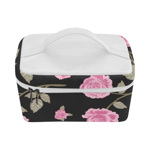 Pink Roses, Flowers on Black, Floral Pattern Cosmetic Bag/Large (Model 1658)