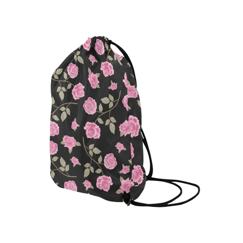 Pink Roses, Flowers on Black, Floral Pattern Medium Drawstring Bag Model 1604 (Twin Sides) 13.8"(W) * 18.1"(H)