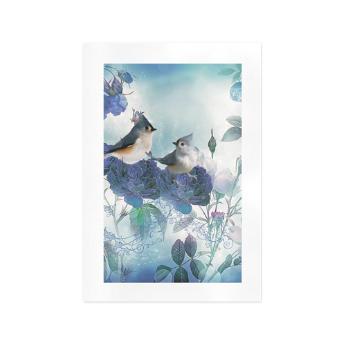 Cute birds with blue flowers Art Print 13‘’x19‘’