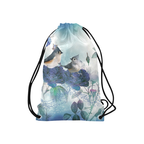 Cute birds with blue flowers Small Drawstring Bag Model 1604 (Twin Sides) 11"(W) * 17.7"(H)