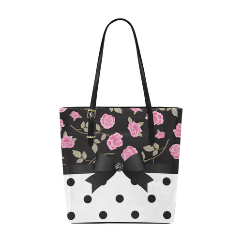 Black White Polka Dots Pink Roses Floral Pattern. Euramerican Tote Bag/Small (Model 1655)