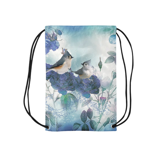 Cute birds with blue flowers Small Drawstring Bag Model 1604 (Twin Sides) 11"(W) * 17.7"(H)