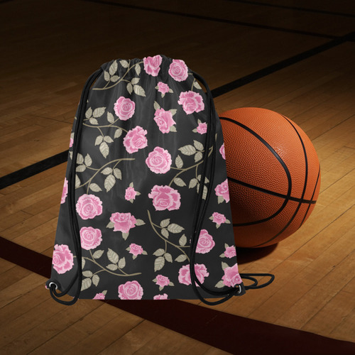 Pink Roses, Flowers on Black, Floral Pattern Medium Drawstring Bag Model 1604 (Twin Sides) 13.8"(W) * 18.1"(H)