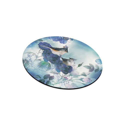 Cute birds with blue flowers Round Mousepad